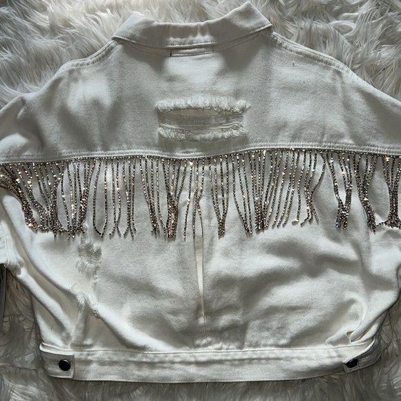 White Cropped Denim Jacket w/ Diamond Tassels - Picture 6 of 7